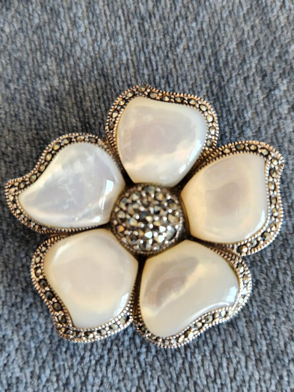 Mother of Pearl & Marcasite Flower Brooch